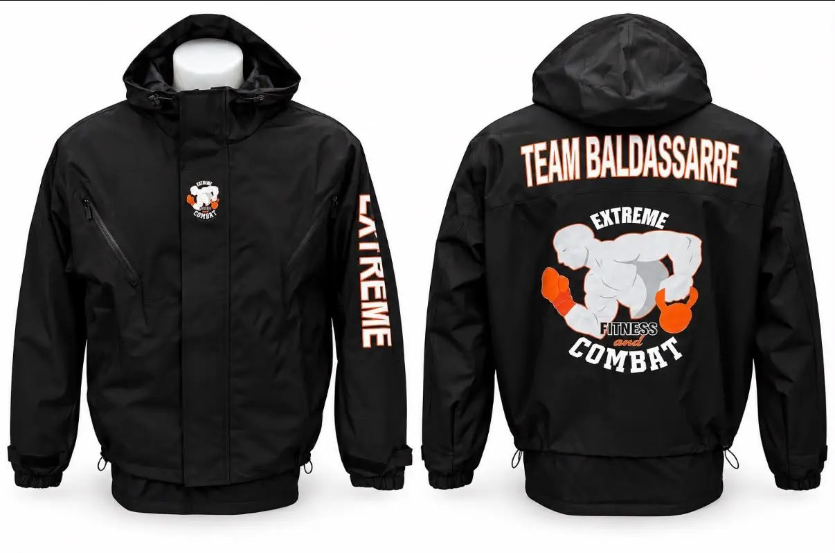 Giacca tecnica nera Team Baldassarre, vista fronte e retro con il logo Extreme Fitness and Combat