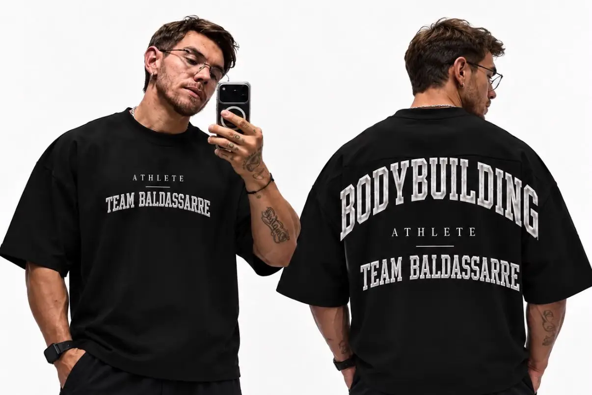 T-shirt oversize nera Team Baldassarre, vista fronte e retro con stampa Bodybuilding Athlete